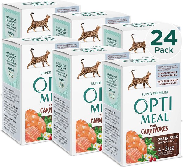 Optimeal Grain-Free Tender Morsels with Real Shrimp & Salmon In Savory Sauce Recipe Wet Cat Food, 3-oz pouch, case of 24 slide 1 of 6