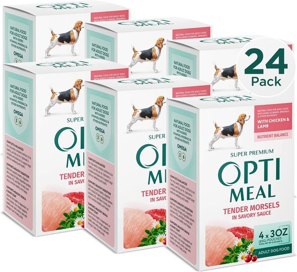 Optimeal Tender Morsels With Chicken & Lamb In Savory Sauce Recipe Wet Dog Food, 3-oz pouch, case of 24 slide 1 of 3