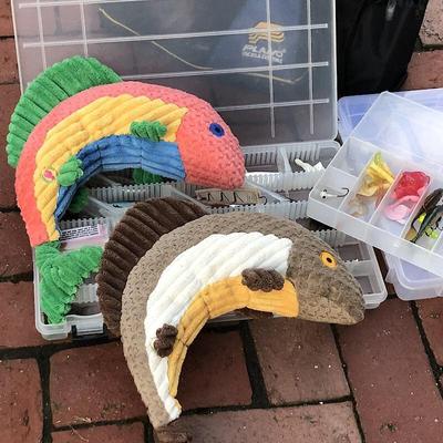 Show full view: HuggleHounds Raucous Rainbow Trout Knottie Tough Squeaky Plush Dog Toy, Large slide 3 of 5