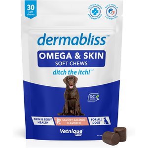 Vetnique Labs Dermabliss Omega & Skin Salmon Flavored Fish Oil Soft Chew Skin & Coat Supplement for Dogs, 30 count