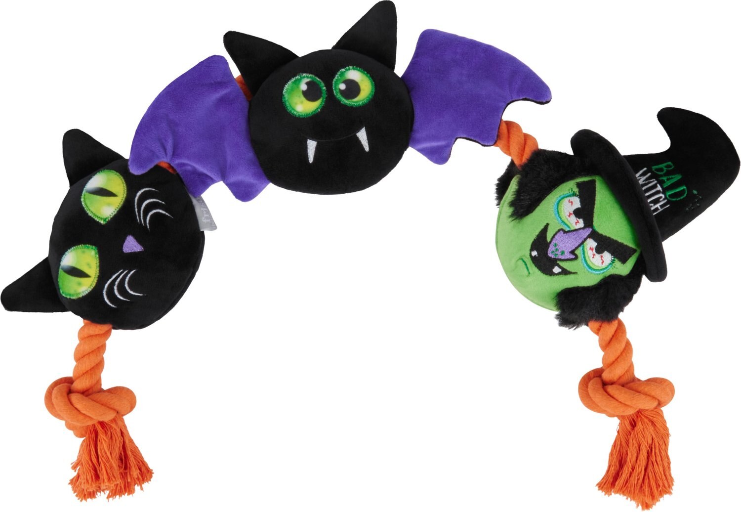Frisco Halloween Cat, Bat & Witch Plush with Rope Squeaky Dog Toy