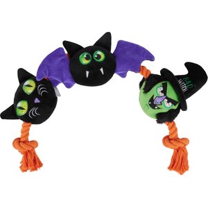 Frisco Halloween Cat, Bat & Witch Plush with Rope Squeaky Dog Toy