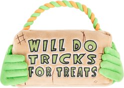 Frisco Halloween "Will Do Tricks For Treats" Sign Plush with Rope Squeaky Dog Toy, Medium/Large