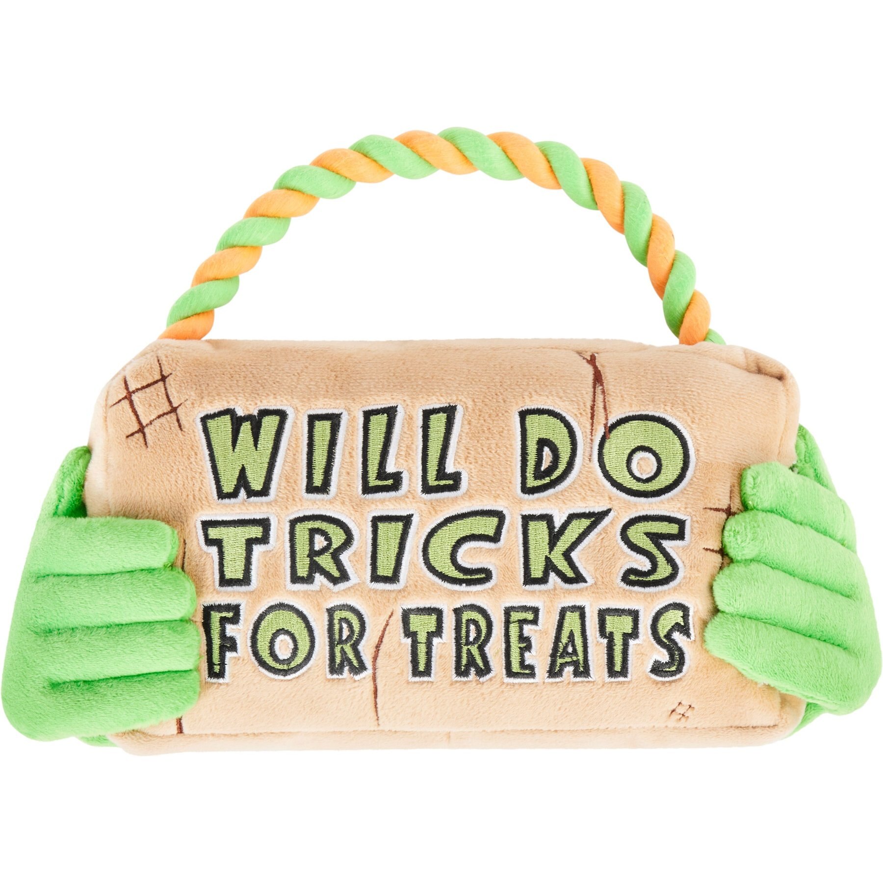 Frisco Halloween "Will Do Tricks for Treats" Sign Plush with Rope Squeaky Dog Toy