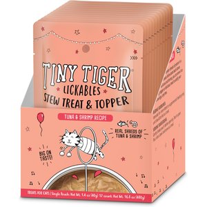Tiny Tiger Lickables Stew Tuna & Shrimp Recipe Cat Treat & Topper, 1.4-oz pouch, case of 12