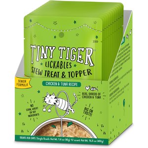 Tiny Tiger Lickables Stew Senior Formula Chicken & Tuna Recipe Cat Treat & Topper, 1.4-oz pouch, case of 12