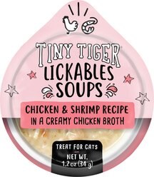 Tiny Tiger Lickables Soup Chicken & Shrimp Recipe in a Creamy Chicken Broth Cat Treat & Topper, 1.2-oz cup, case of 8