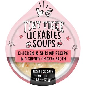 Tiny Tiger Lickables Soup Chicken & Shrimp Recipe in a Creamy Chicken Broth Cat Treat & Topper, 1.2-oz cup, case of 8