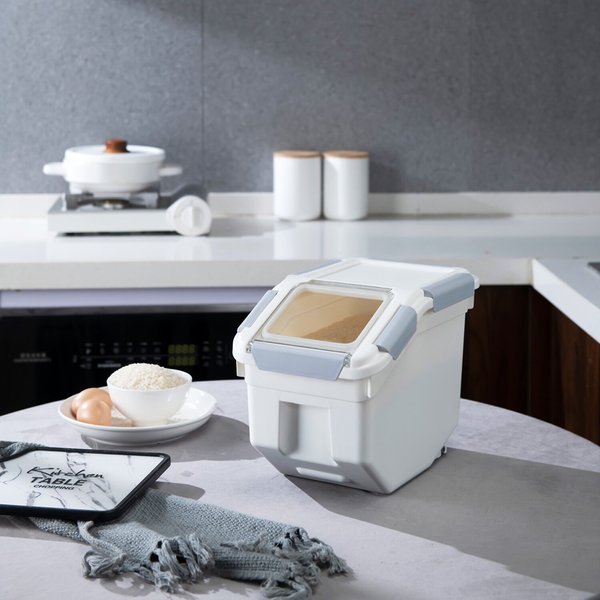 HANAMYA Pet Food Storage Container with Measuring Cup, White & Gray, 8