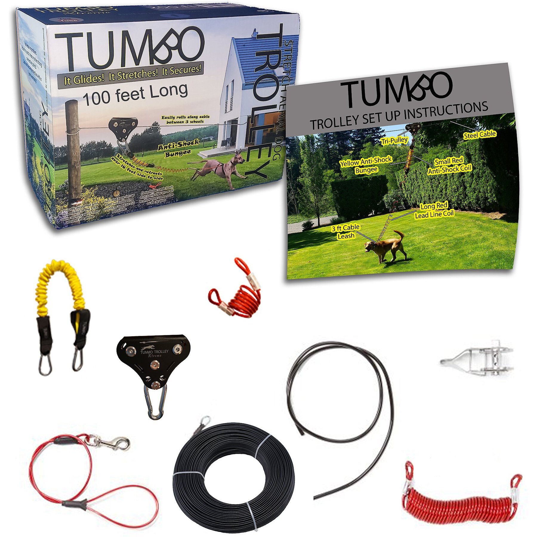 Tumbo Trolley Dog Xtreme Stretching Coil Cable with Anti-Shock Bungee Aerial Dog Tie Out, Black, 100-ft