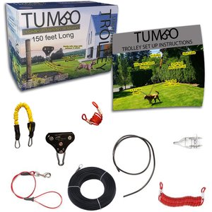 Tumbo Trolley Dog Xtreme Stretching Coil Cable with Anti-Shock Bungee Aerial Dog Tie Out, Black, 150-ft