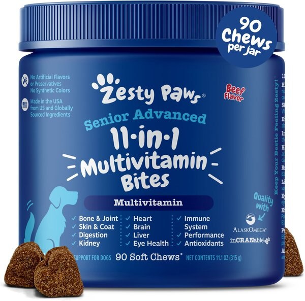 Zesty Paws Advanced 11-in-1 Bites Beef Flavored Soft Chews Multivitamin Supplement for Senior Dogs, 90 count slide 1 of 9