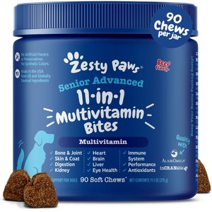 Zesty Paws Senior Advanced 11-in-1 Bites Beef Flavored Soft Chews Multivitamin Supplement for Senior Dogs, 90 count