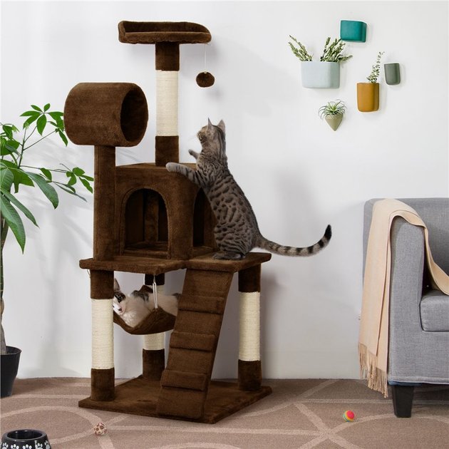 YAHEETECH 51-in Plush Multi-Cat Kitten Tree & Condo, Brown - Chewy.com