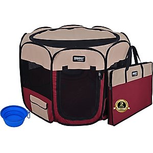 WINiPET 2-Door Soft-Sided Dog & Cat Playpen, Beige + Maroon, 62 x 62 x 30-in