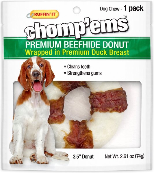 RUFFIN' IT Chomp'Ems Beefhide Donut With Duck Dog Treats, 1 count slide 1 of 3