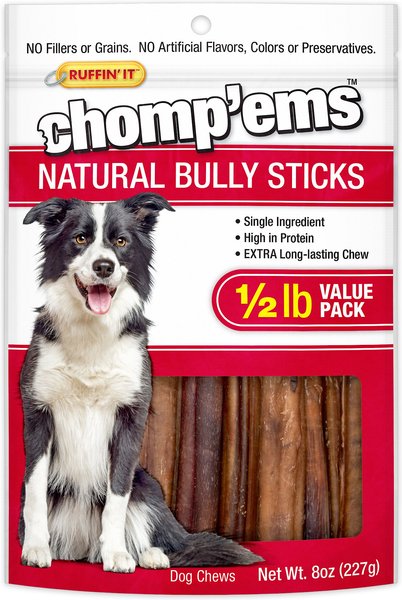RUFFIN' IT Chomp'Ems Bully Stick Dog Treats, 8-oz bag slide 1 of 2