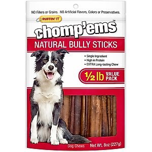 RUFFIN' IT Chomp'Ems Bully Stick Dog Treats, 8-oz bag
