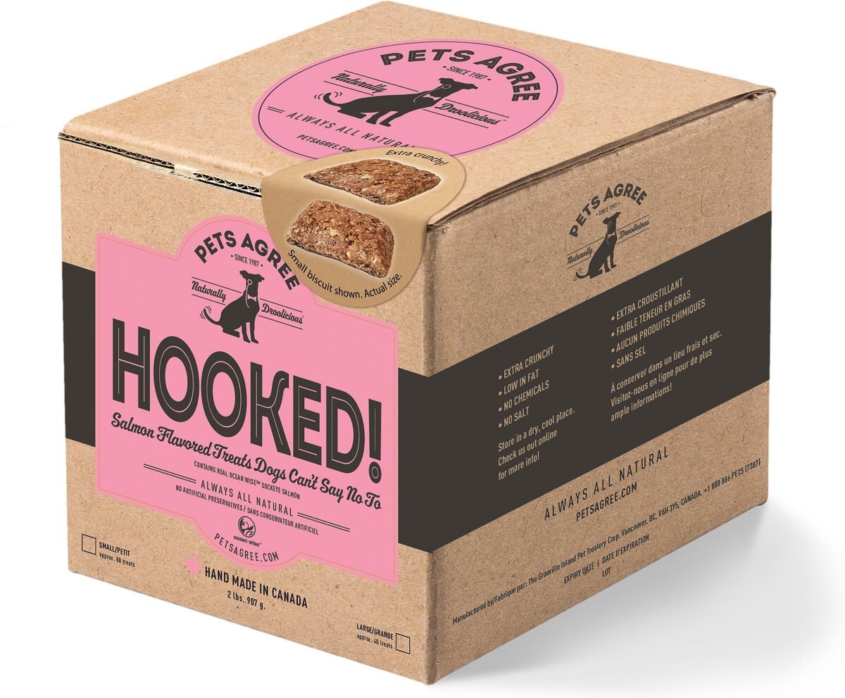 The Granville Island Pet Treatery Hooked! Pets Agree Salmon Flavored Dog Treats, 32-oz bag, Small
