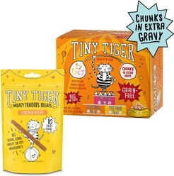Tiny Tiger Meaty Tenders Sticks Cat Treats, Chicken Recipe + Chunks in EXTRA Gravy Beef & Poultry Recipes Variety Pack Grain-Free Canned Food
