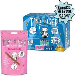 Tiny Tiger Meaty Tenders Sticks Cat Treats, Salmon Recipe + Chunks in EXTRA Gravy Seafood Recipes Variety Pack Grain-Free Canned Food