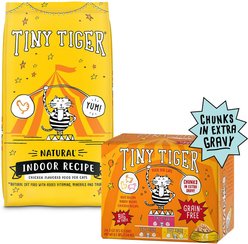 Tiny Tiger, Natural Indoor Recipe Chicken Flavor Dry Cat Food + Chunks in EXTRA Gravy Beef & Poultry Recipes Variety Pack Grain-Free Canned Food
