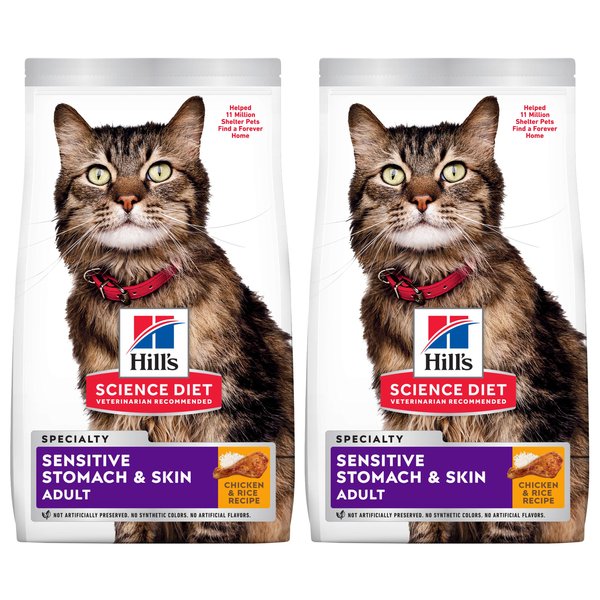 Hill's Science Diet Adult Sensitive Stomach & Skin Chicken & Rice Recipe Dry Cat Food, 15.5-lb bag, bundle of 2 slide 1 of 10