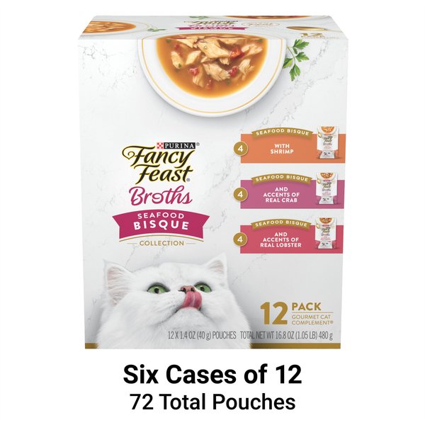 Fancy Feast Broths Seafood Bisque Collection Variety Pack Grain-Free Cat Food Topper, 1.4-oz pouch, case of 72 slide 1 of 9