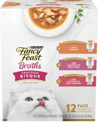 Fancy Feast Broths Seafood Bisque Collection Variety Pack Grain-Free Cat Food Topper, 1.4-oz pouch, case of 72 slide 2 of 9