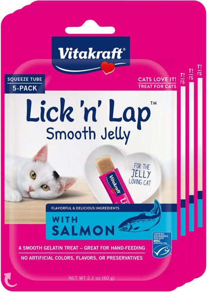 Vitakraft Lick 'n' Lap Jelly Salmon Low Calorie Interactive Wet Cat Treat, 2.1-oz pouch, pack of 4 slide 1 of 9