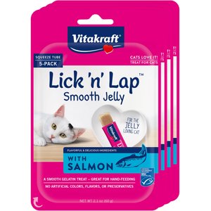 Vitakraft Lick 'n' Lap Jelly Salmon Low Calorie Interactive Wet Cat Treat, 2.1-oz pouch, pack of 4