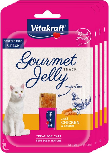 Vitakraft Gourmet Jelly Chicken & Carrot Recipe Tasty Gelatin Squeezable Cat Treats, 1.7-oz pouch, pack of 5 slide 1 of 8