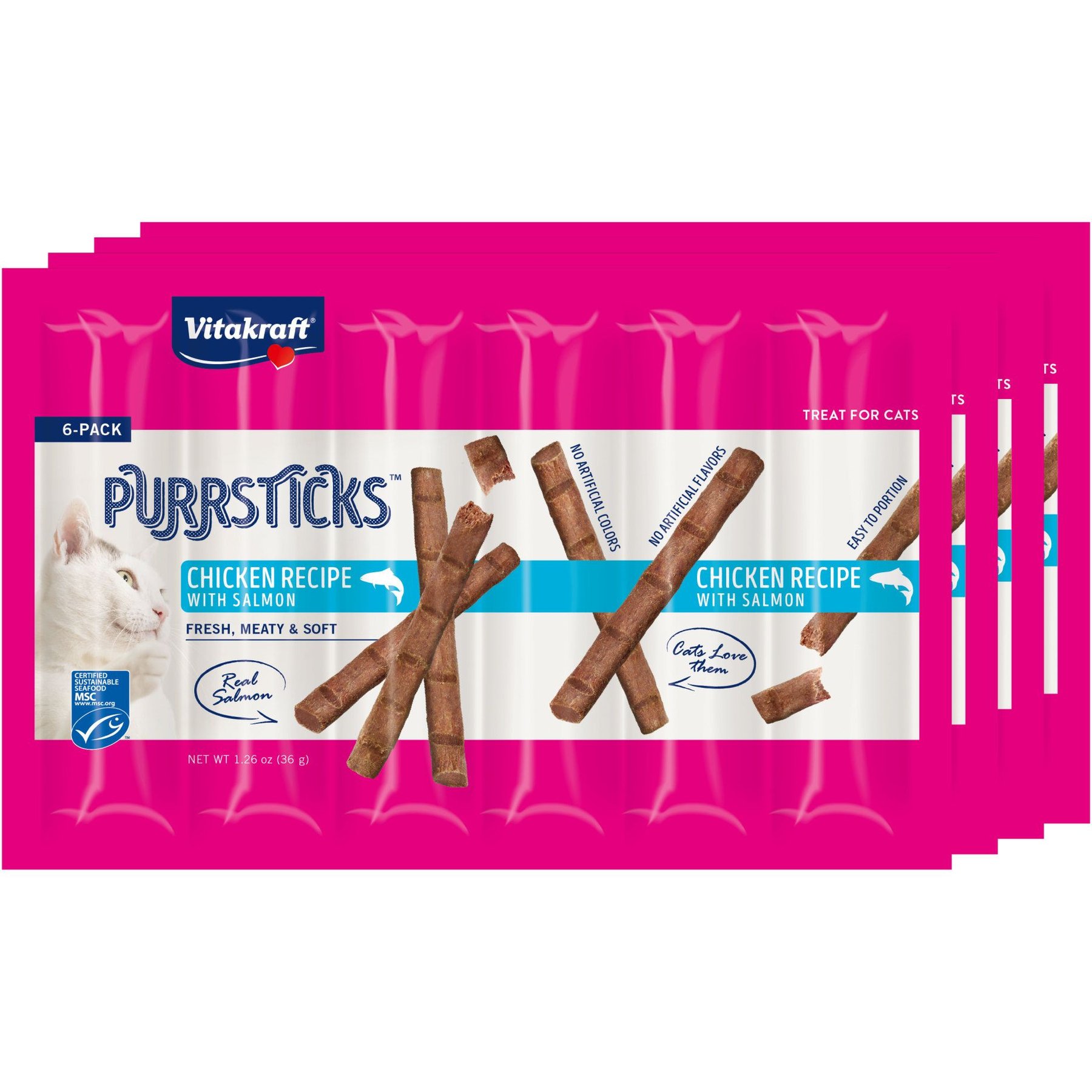 Vitakraft PurrSticks Meaty Chicken with Salmon Segmented & Breakable Deliciously Tender Cat Treats, 4 count, pack of 6
