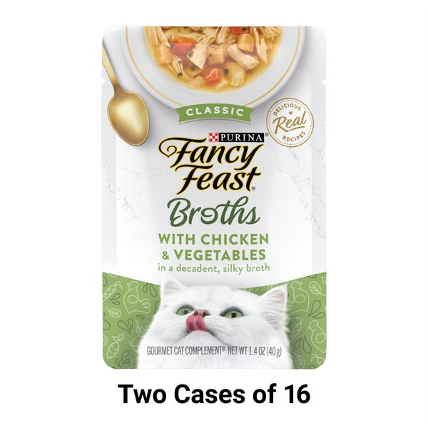 Fancy Feast Classic Broths with Chicken & Vegetables Supplemental Cat Food Pouches, 1.4-oz, case of 16, bundle of 2 slide 1 of 10