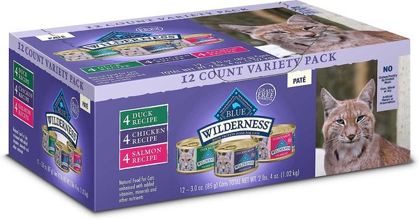 Blue Buffalo Wilderness Pate Variety Pack Duck, Chicken & Salmon Grain-Free Cat Canned Food, 3-oz, case of 12, bundle of 2 slide 1 of 7