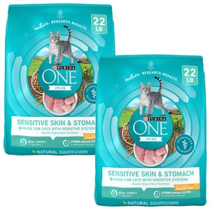 Purina ONE Sensitive Skin & Stomach Dry Cat Food, 22-lb bag, bundle of 2