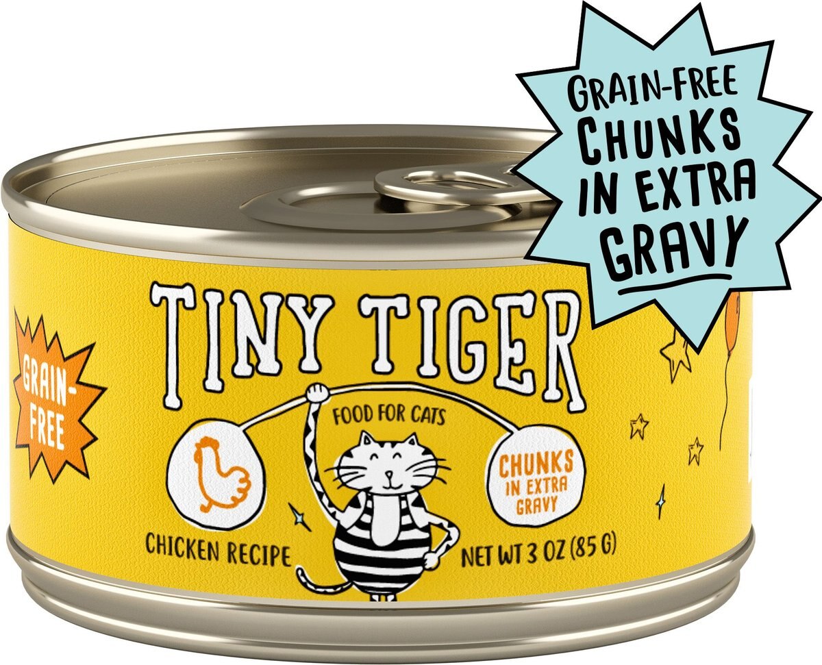 Tiny Tiger Grain-Free Chunks in Gravy Chicken Recipe Canned Cat Food. 