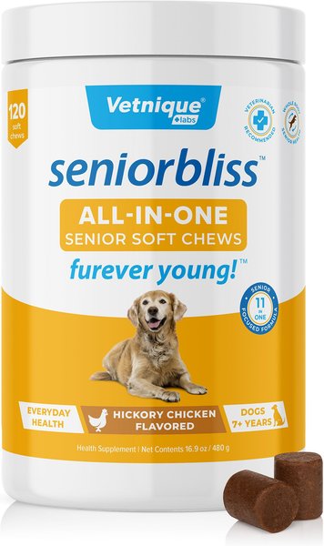 Vetnique Labs Seniorbliss Daily All-In-One Glucosamine & Probiotic Senior Hickory Chicken Soft Chews Senior Dog Supplement, 120 count slide 1 of 8