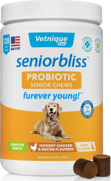 Vetnique Labs Seniorbliss Probiotic Hickory Chicken & Bacon Soft Chews Digestive Supplement for Senior Dogs, 120 count slide 1 of 8