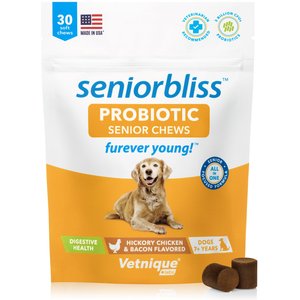 Vetnique Labs Seniorbliss Dog Probiotic Supplement Hickory Chicken & Bacon Soft Chews Digestive Supplement for Senior Dogs, 30 count