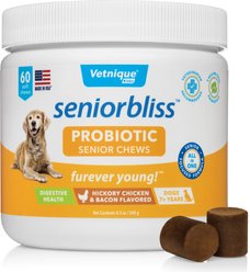 Vetnique Labs Seniorbliss Dog Probiotic Supplement Hickory Chicken & Bacon Soft Chews Digestive Supplement for Senior Dogs, 60 count