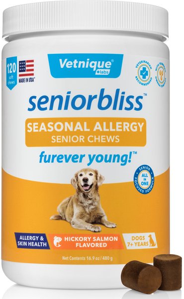 Vetnique Labs Seniorbliss Seasonal Allergy & Itch Salmon Flavored Fish Oil Soft Chews Allergy Supplement for Senior Dogs, 120 count slide 1 of 8
