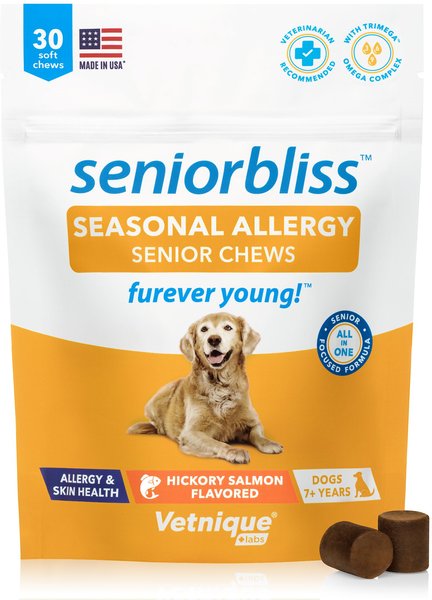 Vetnique Labs Seniorbliss Season Allergy Salmon Flavored Soft Chews Allergy Supplement for Senior Dogs, 30 count slide 1 of 7
