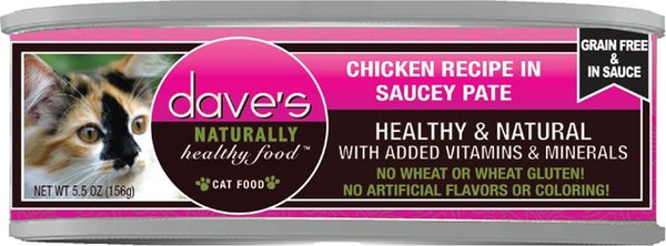 Dave's Pet Food Saucey Pate Chicken Recipe Wet Cat Food, 5.5-oz can, case of 24 slide 1 of 3