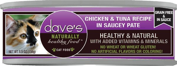 Dave's Pet Food Saucey Pate Chicken & Tuna Recipe Wet Cat Food, 5.5-oz can, case of 24 slide 1 of 3