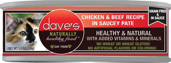 Dave's Pet Food Saucey Pate Chicken & Beef Recipe Wet Cat Food, 5.5-oz can, case of 24 slide 1 of 3