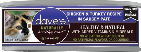 Dave's Pet Food Saucey Pate Chicken & Turkey Recipe Wet Cat Food, 5.5-oz can, case of 24 slide 1 of 3