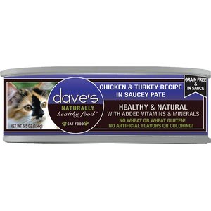 Dave's Pet Food Saucey Pate Chicken & Turkey Recipe Wet Cat Food, 5.5-oz can, case of 24