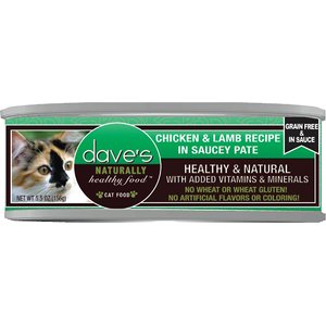 Dave's Pet Food Saucey Pate Chicken & Lamb Recipe Wet Cat Food, 5.5-oz can, case of 24