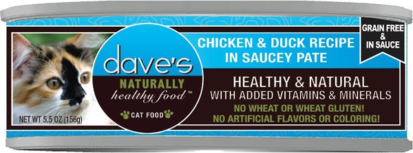 Dave's Pet Food Saucey Pate Chicken & Duck Recipe Wet Cat Food, 5.5-oz can, case of 24 slide 1 of 3